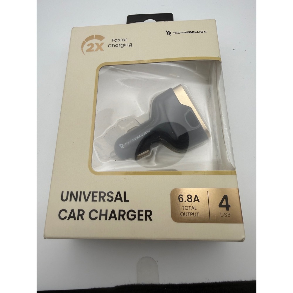 TechRebellion Universal Car Charger 4 USB Ports 6.8A Fast Charging Black Gold